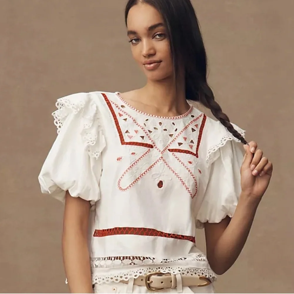 Puff-Sleeve Cutwork Embroidery Top
